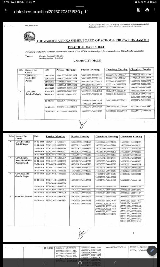 JKBOSE Released Subject Wise practical Datesheet For Class 12th 